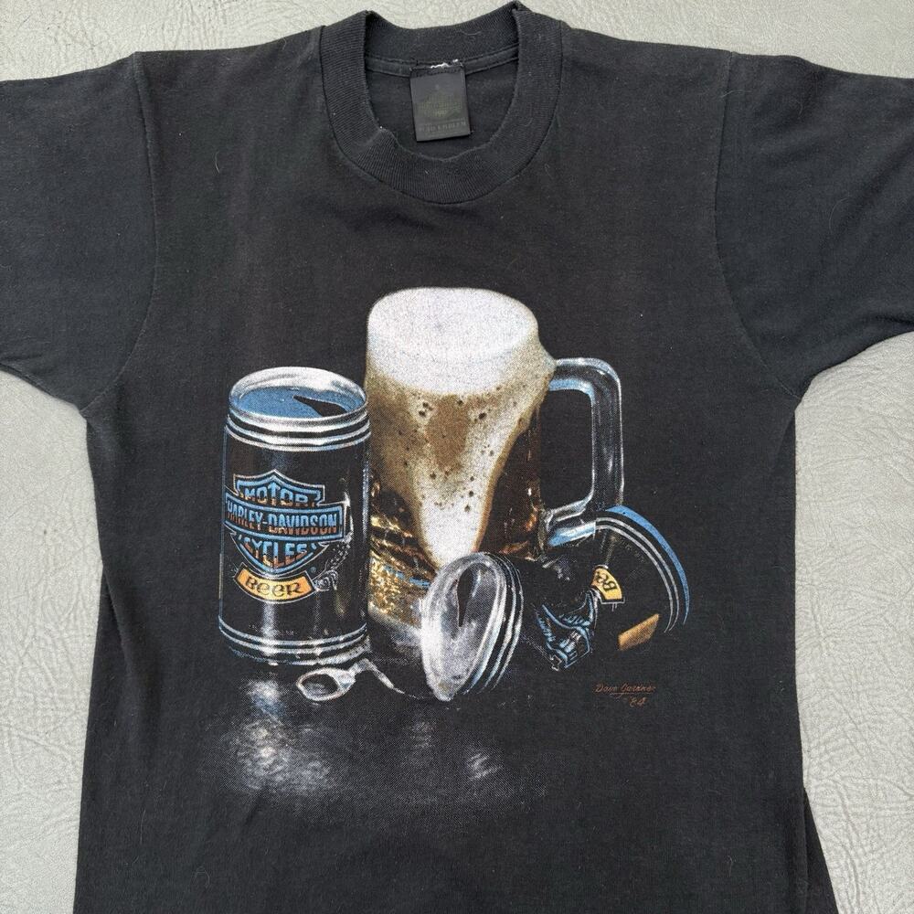 Vintage Harley Davidson EARLY 3D Emblem 1984 S small Beer Motorcycle T Shirt